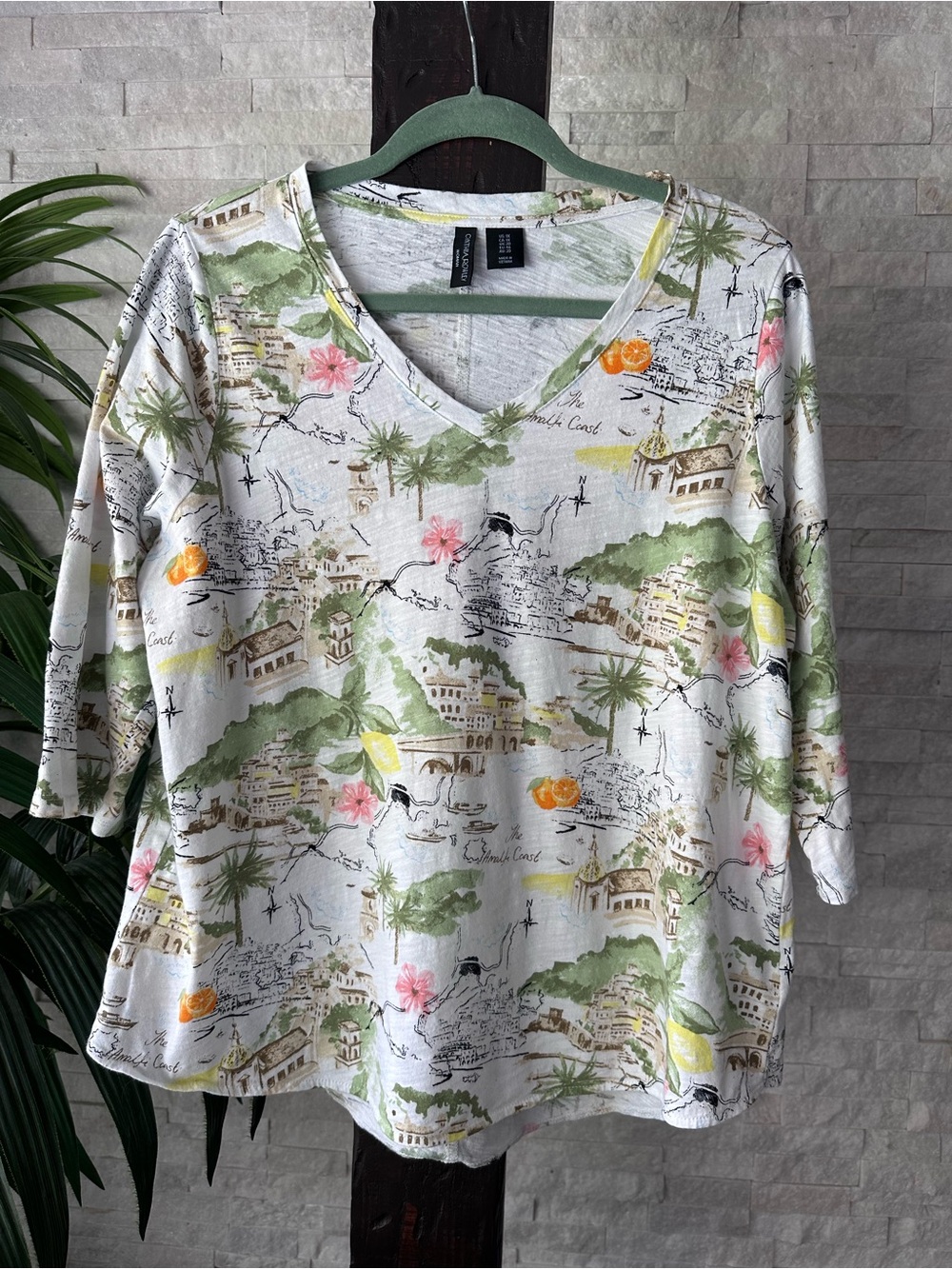 Cynthia ROWLEY Amalfi Coast Print Tropical Travel V-Neck Cotton Top Size 1X